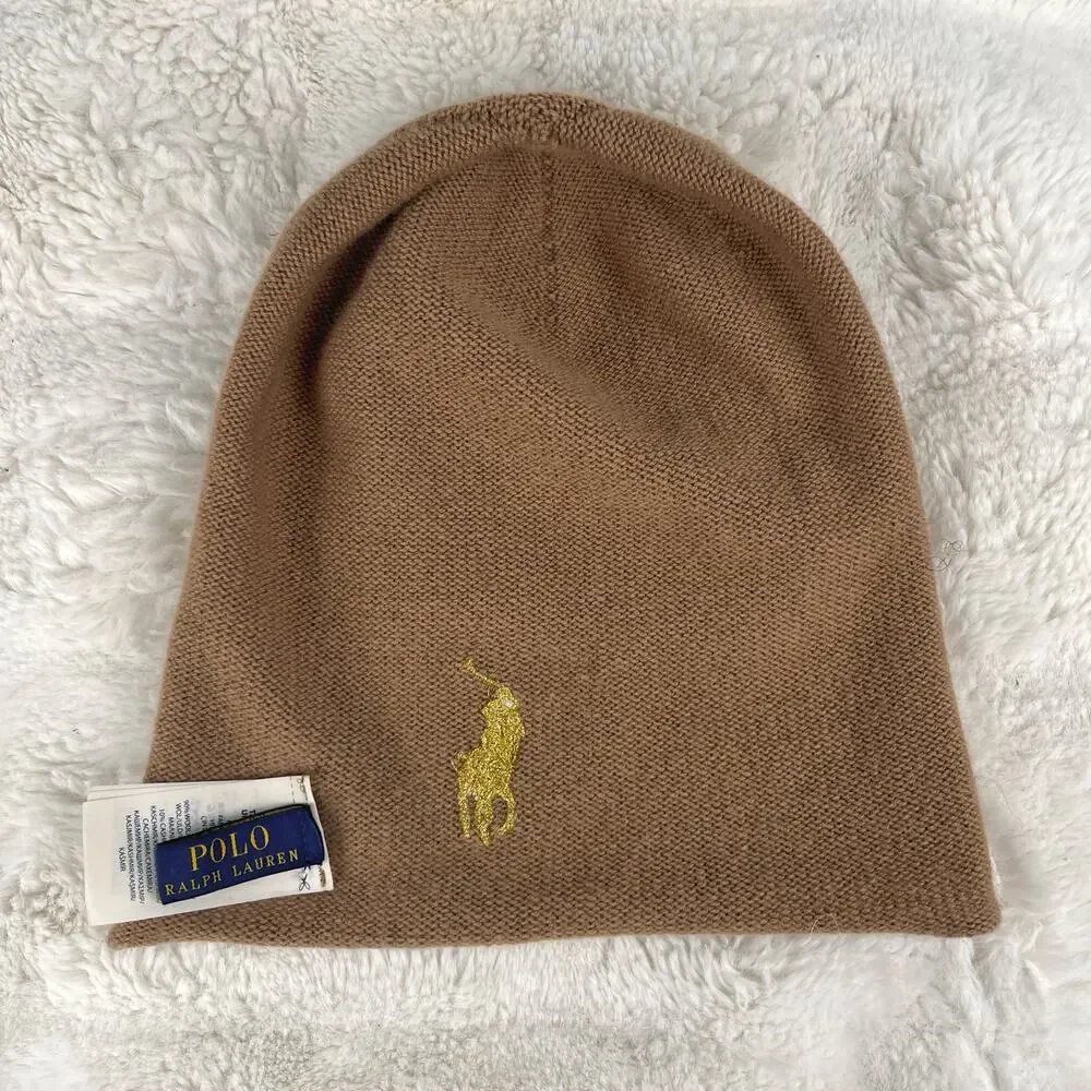 Polo Ralph Lauren Rolled Hem Wool Cashmere Beanie Hat Womens Knit Headwear